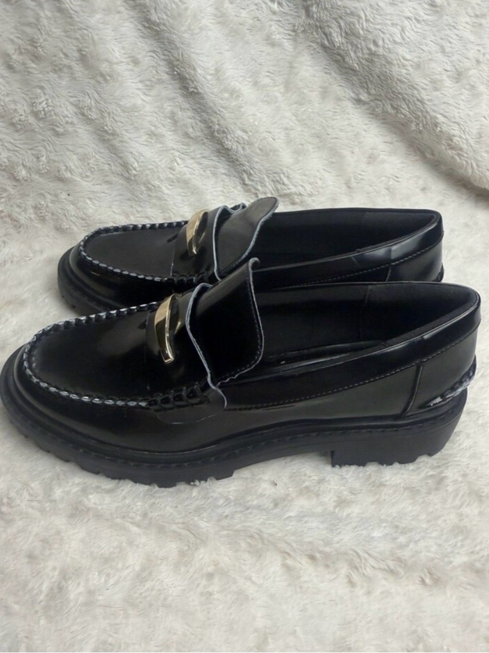 BCBG Black Patent Leather Laney Lug Penny Loafers with Gold Vamp Buckle Preppy - Picture 3 of 16
